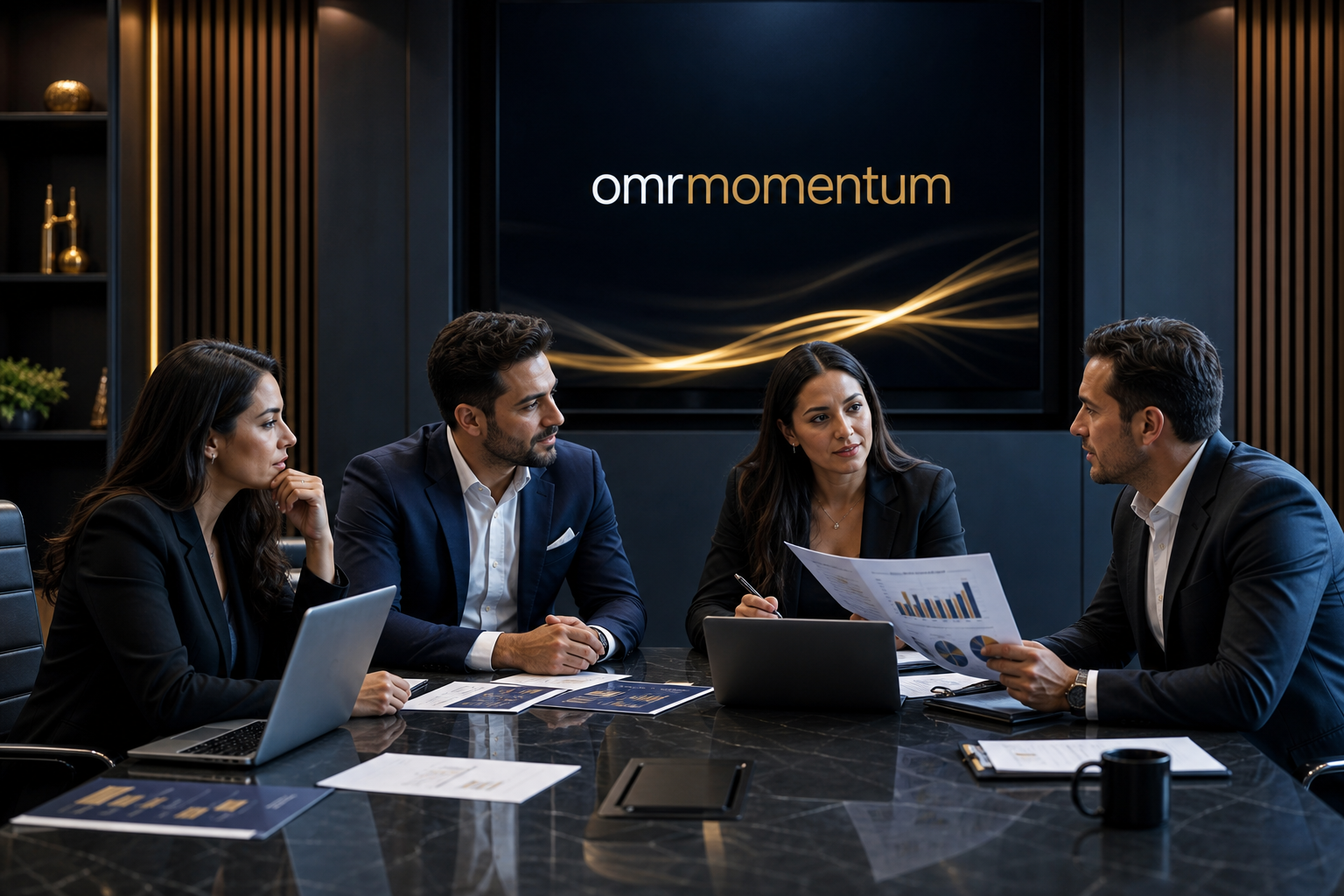 Ejecutivos de omrmomentum revisando análisis financiero